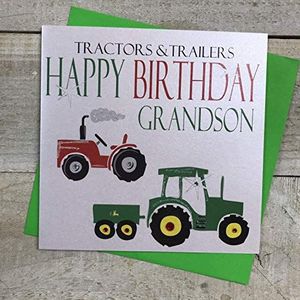 Wit Katoen Kaarten Tractoren & Aanhangers Gelukkig, Handgemaakte Verjaardagskaart (Tractor, kleinzoon)