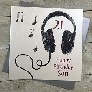 WHITE COTTON CARDS Groot 21 Happy Birthday Son hoofdtelefoon verjaardagskaart, handgemaakt, wit