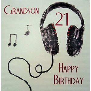 witte katoenen kaarten Grandson 21 Gelukkig, Grote Handgemaakte 21e Verjaardagskaart (Code XSB66-21, Hoofdtelefoon)