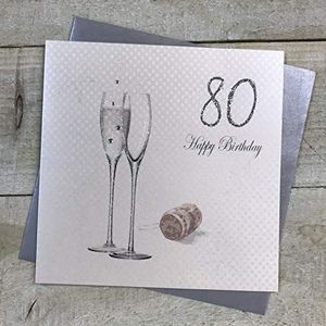 witte katoenen kaarten 80 Happy, Handgemaakte 80e Verjaardagskaart, Champagne/Zilver, Wit