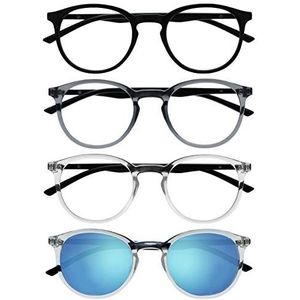 Opulize Met Pack 4 leesbrillen met zonnelezer, groot, rond, zwart, lichtgrijs, mannen en vrouwen, RRRS60-17CC + 2,00