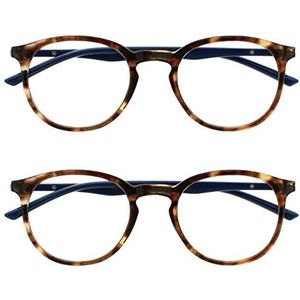 OPULIZE Met Pack 2 bruine schildpad marineblauw leesbril, groot, rond, mannen en vrouwen, scharnieren, veer RR60-2 +3,00, Voorzijde schildpad, bruin, marineblauw, arm