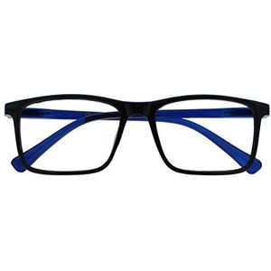Opulize - Ink - Lesbril - Zwart met Blauwe Armen - Groot Rechthoekig Frame - +3,00 Dioptrien