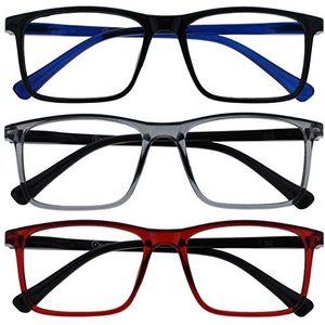 OPULIZE Ink Pack 3 Lunettes De Lecture Grand Noir Gris Rouge Hommes Femmes Charnières Ressort RRR4-17Z +1,50