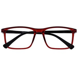 OPULIZE Ink Lessebril, groot, rechthoekig frame, veerscharnieren, krasbestendig, voor heren en dames, R4, Transparante donkerrode voorkant met zwarte armen, +3,50 Dioptrien