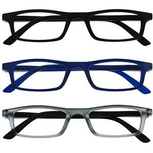OPULIZE Ted-leesbrillen 3-pack smal mat lichtgewicht frame zwart marineblauw transparant grijs veerscharnieren krasbestendig heren dames RRR17-137 +2.00