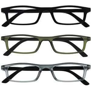 OPULIZE Ted-leesbrillen 3-pack smal mat lichtgewicht frame zwart transparant kaki grijs veerscharnieren krasbestendig heren dames RRR17-167 +2.00