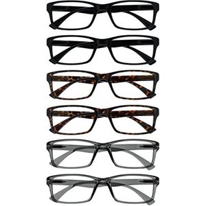 OPULIZE Pep RRRR92-112277 Lot de 6 lunettes de lecture carrées classiques pour tous les jours Noir/marron/transparent/gris Résistant aux rayures Charnières à ressort Homme Femme RRRR92-112277 +1,50