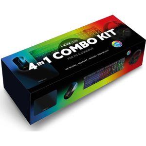 Maxx Tech 4in1 Combo Kit - UK Layout Toetsenbord met regenboog LED-verlichting/Optische Muis/Stereo multiplatform gaming headset met 3,5 mm jack + USB/Muismat anti-rafeldoek, 250 x 210 x 2 mm