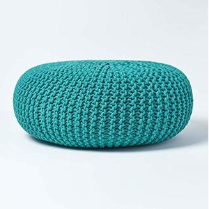 HOMESCAPES Teal Green Gebreide Poef Voetbank Occasional Seat Bean Gevuld 100% Katoen voor Woonkamer Kinderen of Ouderen