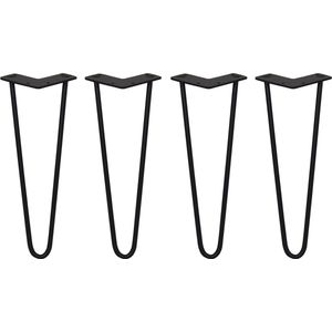 4 x Tafelpoten staal - Lengte: 35.5cm - 2 pin - 10mm – Zwart - SkiSki Legs ™ - Retro hairpin pinpoten