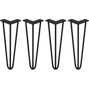 4 x Tafelpoten staal - Lengte: 35.5cm - 3 pin - 10mm - Zwart - SkiSki Legs ™ - Retro hairpin pinpoten