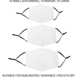 Sublimatie mondkapjes - Set van 30 - Verschillende maten - Small Medium Large - sublimeren bedrukken - pm2.5 filter - mondkapje face mask gezichtsmasker herbruikbaar wasbaar uitneembare filter blanco mondmasker