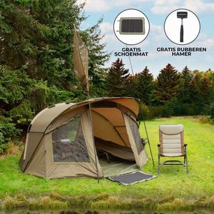 2 Persoons Bivvy Karpertent - 10.000 HH Waterproof - 300 x 305 x 150 cm - 2 Man Visserstent - Inclusief Draagtas + Schoenmat + Rubberen hamer - Eenvoudige montage - Groen