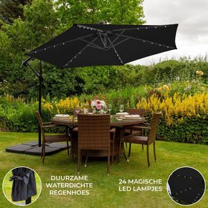 Zweefparasol met LED verlichting 300 cm Zwart + Vierkante Parasoltegel - Kantelbaar 360 º UV-bescherming -Inclusief Waterdichte Beschermhoes - 24 LED lampjes- Hangparasol Parasol Tuin