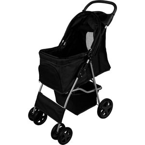 Zwart Hondenbuggy Kinderwagen Drager Opvouwbare Trolley Reiskar 15kg Draagvermogen 4 Wielen Remmen Kat Hond Veiligheid Snelsluiting Riem Kussen Zonnescherm Mand Bekerhouders Waterdichte Regenhoes