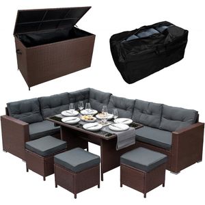 Jardi Rattan Hoekbank Dining Set & Tuinopbergbox - Stijlvol, Comfortabel, en Functioneel - Bruin