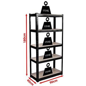 Home Vida Rek met 5 legplanken, hoge plank, klinknagels, industriële, magazijnen, staal, zwart, groot van Home Vida