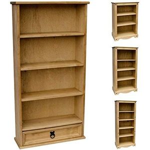 Vida Designs Corona Boekenkast, 1 lade, plank voor DVD/CD, massief grenen, bruin, groot