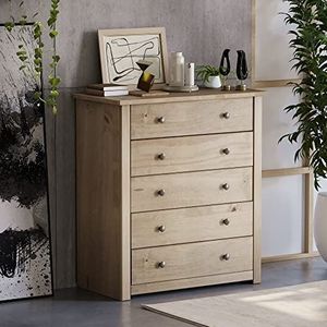 Vida Designs Panama commode met 5 laden, massief grenenhout, gewaxt eikenhout