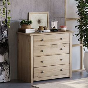 Vida Designs Panama Commode met 4 laden, massief grenen, gewaxt eiken afwerking