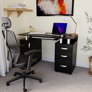 Vida Designs Otley Computer Bureau met planken en 3 laden, Home Office PC/Laptop Gaming-tafel, Studiewerkstation met toetsenbordlade, meubels, zwart
