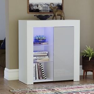 Vida Designs Azura Modern dressoir met led, 1 deur, wit en grijs, met RGB-verlichting (fade/stroboscoopopties inbegrepen), glanzend