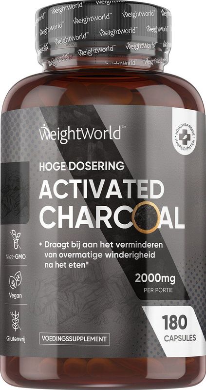 WeightWorld Actieve Kool capsules - 2000 mg - 180 vegan capsules - Bij gasophoping in de darmen