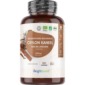 WeightWorld Biologisch Ceylon Kaneel - 180 kaneel capsules met 1000 mg puur kaneel poeder per portie - Vegan