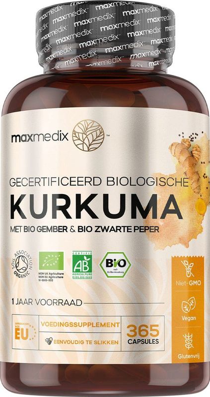 maxmedix Biologische Kurkuma capsules met zwarte peper en gember - 505 mg - 365 capsules voor 1 jaar