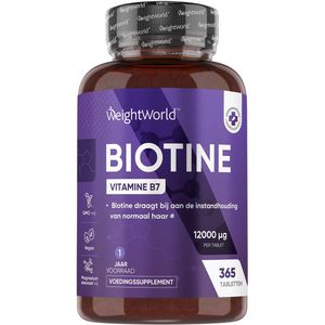 WeightWorld Biotine Haar Tabletten - 12.000 mcg - Voor sterk en glanzend haar - 365 vegan tabletten voor 1 jaar voorraad