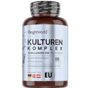 Probiotica capsules - 60 miljard KvE - 120 capsules voor 2 maanden voorraad - 20 bacteriestammen - Bevat inuline en FOS poeder - Vegan - Geproduceerd in de EU - WeightWorld