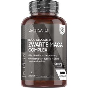 WeightWorld Zwarte Maca Capsules - 5000 mg - 180 vegan capsules voor 6 maanden voorraad - Complex met L-Arginine en Panax Ginseng uit Peru