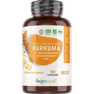 Biologische Kurkuma Capsules - 1520mg - Bio kurkuma met zwarte peper en gember -180 vegan capsules voor 3 maanden - Biologisch curcumine supplement - Geproduceerd in EU - van WeightWorld