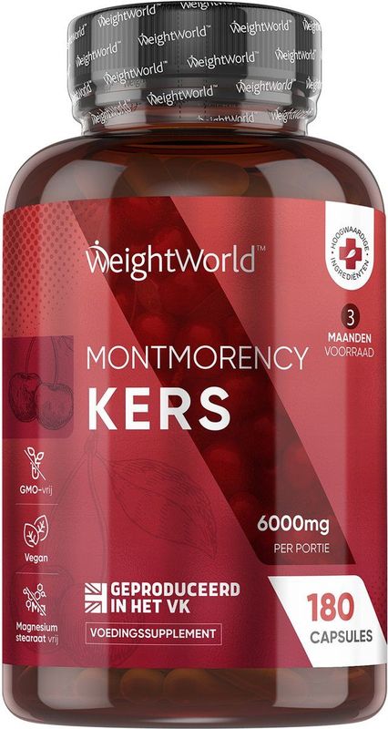 WeightWorld Montmorency Zure Kersen capsules - 6000 mg - 180 capsules voor 3 maanden voorraad - Vegan
