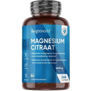 Magnesium Citraat 440 mg - 240 Capsules voor 4 maanden - 1480 mg Magnesium Citraat waarvan 440 mg Elementair Magnesium per 2 capsules - Ondersteunt de werking van de spieren - Vegan - Van WeightWorld