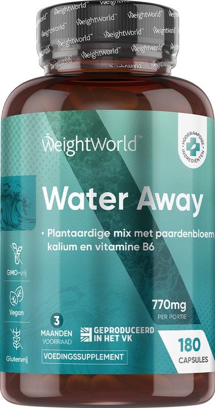 Water Away Vochtafdrijvers - 180 natuurlijke capsules voor 3 maanden voorraad - Ondersteun optimaal je lichaam - Met kalium, vitamine B6, groene thee en paardenbloem - Van WeightWorld