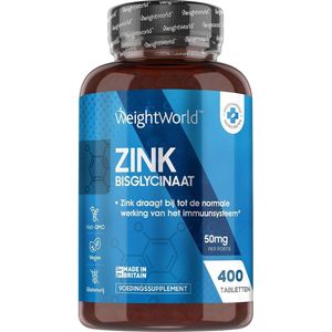 WeightWorld Zink tabletten - 25 mg Zink Bisglycinaat - 400 vegan tabletten voor meer dan 1 jaar voorraad