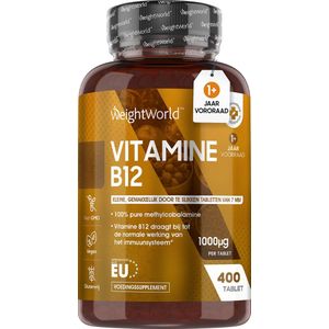 WeightWorld Vitamine B12 1000 mcg - 400 vegan vitamine B12 tabletten - Pure Methylcobalamine - Natuurlijke ingrediënten