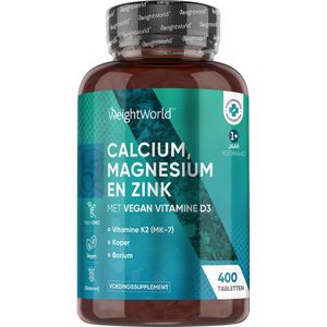 WeightWorld Calcium, Magnesium en Zink met vitamine D3 - 400 vegan tabletten voor meer dan 1 jaar voorraad
