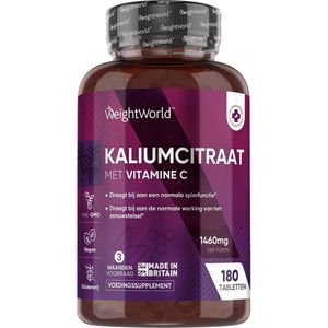 Kaliumcitraat tabletten met vitamine C - 1460 mg waarvan 500 mg actief kalium - 180 tabletten voor 3 maanden voorraad - Ondersteunt de spieren - Puur kalium supplement geproduceerd in het Verenigd Koninkrijk