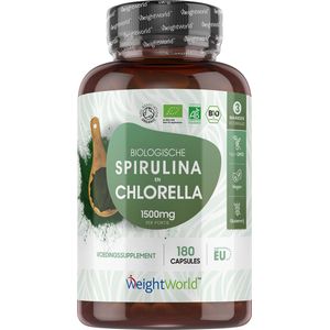 Biologische Spirulina en Chlorella capsules - 1500 mg per portie - 180 bio capsules voor 3 maanden - 100% pure algen - Vegan - Geproduceerd in Europa en vrij van onnodige toevoegingen