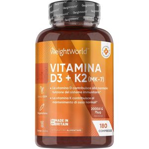 Vitamine D3 en K2 tabletten - 2000 IE + 200 mcg - Vitamine K Menachinon All-Trans MK7 + Vitamine D - 365 vegan tabletten voor 1 jaar voorraad - Natuurlijke IngrediÃ«nten - D3 uit korstmos - WeightWorld