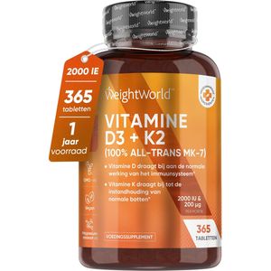 Vitamine D3 en K2 Supplement - 365 Tabletten - 2000 IE D3 - 200mcg K2 - GMO-vrij