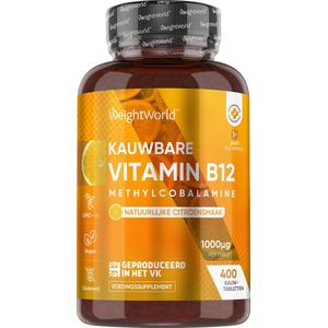 Vitamine B12 1000 mcg kauwtabletten - 400 vegan kauwbare tabletten voor meer dan 1 jaar voorraad - 1000mcg Vitamine B12 uit Methylcobalamine - Natuurlijke Citroensmaak - van WeightWorld