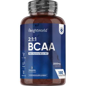 BCAA Aminozuren tabletten - 180 vegan 2:1:1 BCAA tabletten - 2000 mg - BCAA supplement met L-leucine, L-isoleucine en L-valine - Met vitamine B6 en B12 voor optimale resultaten - Van WeightWorld