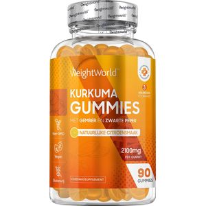 Kurkuma Gummies - Met Gember en Zwarte Peper - 2000 mg - Hoog gedoseerd Kurkuma Extract (20:1) - 90 gummies voor 3 maanden Voorraad - met Natuurlijke Citroensmaak - Vegan - van WeightWorld