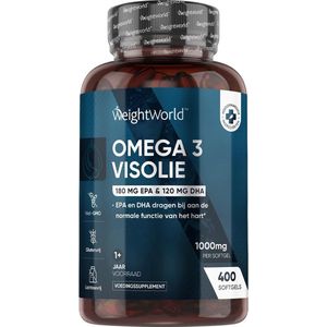 WeightWorld Omega 3 visolie softgels 1000 mg - 400 softgels voor 1+ jaar voorraad - 180 mg EPA en 120 mg DHA