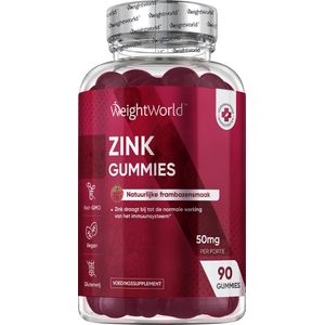 WeightWorld Zink Gummies - 50 mg zink citraat - 90 vegan Zink gummies met frambozensmaak - Goed voor de haren, nagels, huid en botten - Natuurlijk zinc supplement