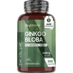 WeightWorld Ginkgo Biloba 6600 mg - 365 tabletten voor 1 jaar - Met Siberische Ginseng - Vegan